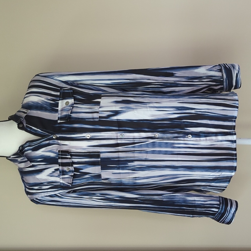 Jones NY Vertical Artsy Stripe Button Down Blouse SMALL Blue White